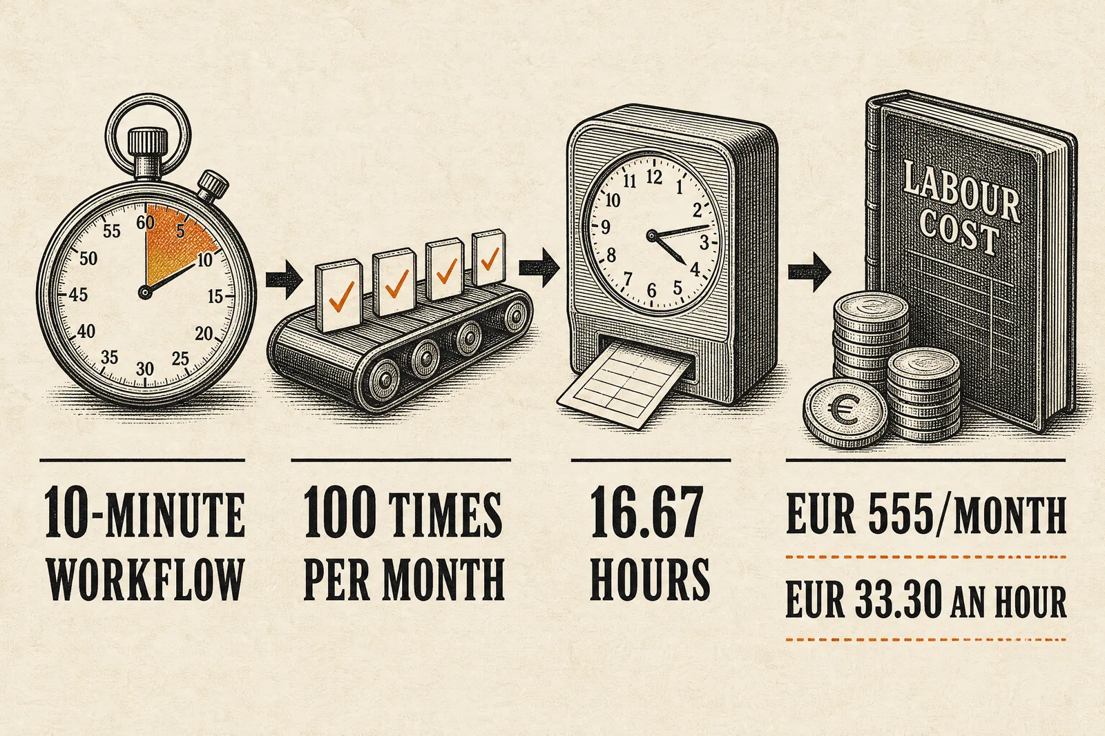 A repeated 10-minute workflow performed 100 times per month consumes 16.67 hours and represents EUR 555/month in labour cost.