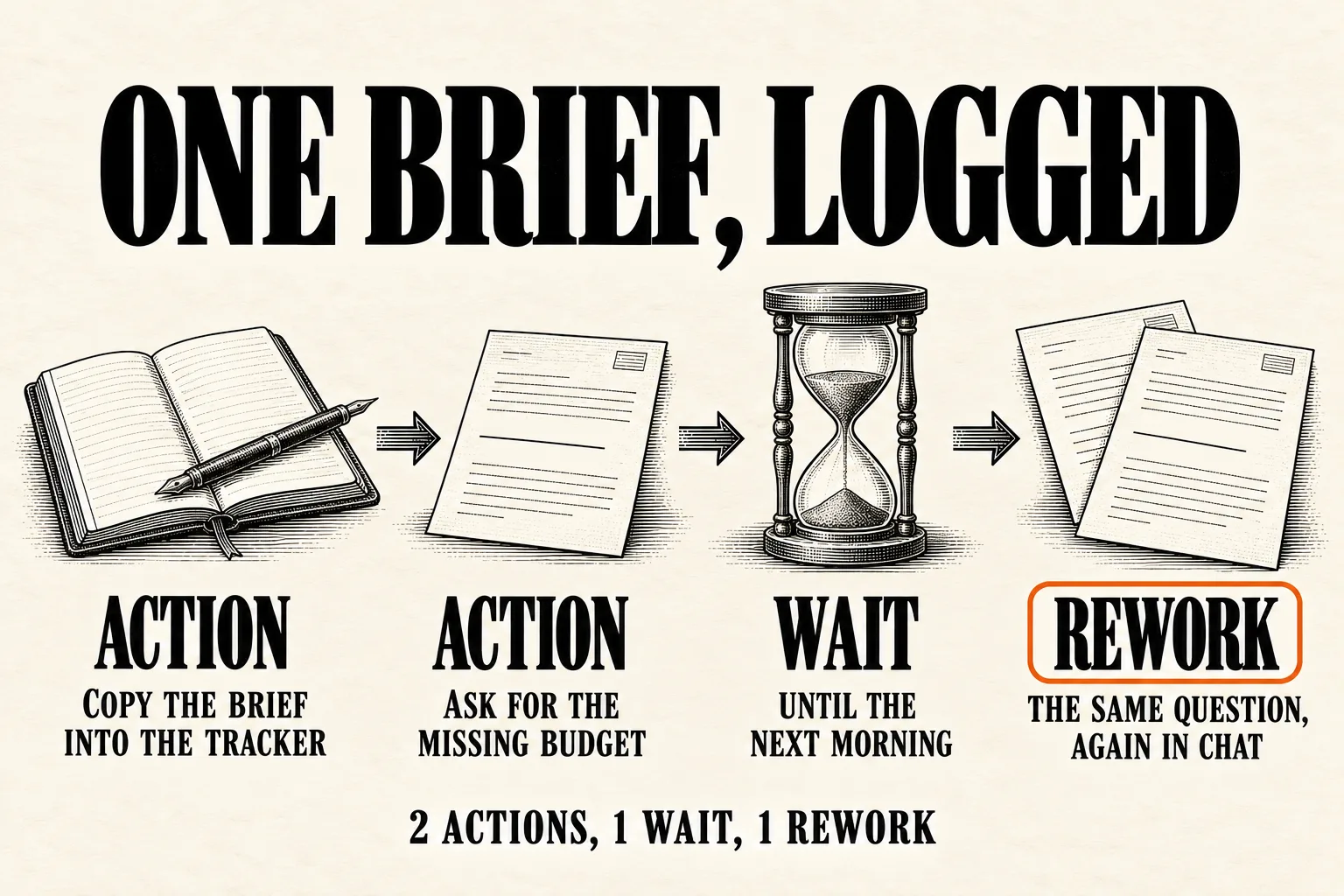 One campaign brief, logged: two actions, an overnight wait, and the same question asked again in chat.