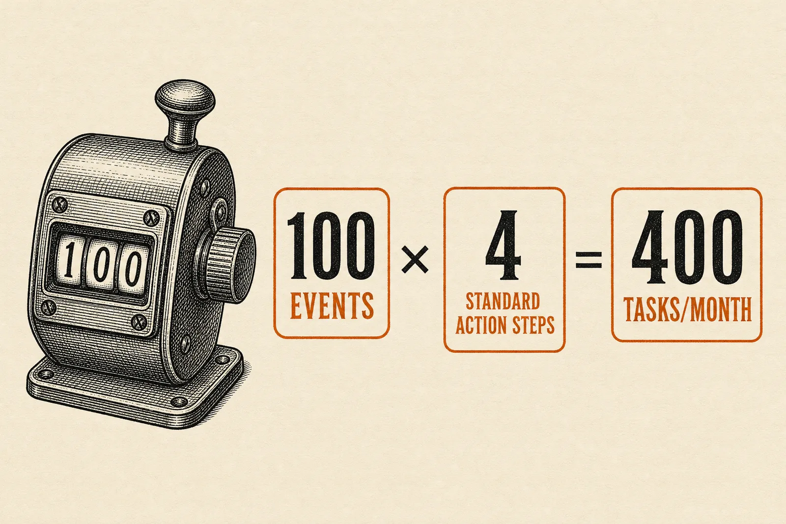 One hundred events with four standard action steps each produce 400 tasks per month.